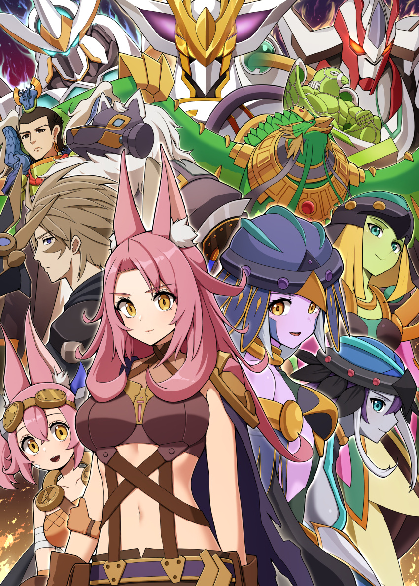3boys 5girls absurdres accesscode_talker ancient_warriors_oath_-_double_dragon_lords animal_ears aqua_eyes armored_animal bandaged_arm bandages bare_shoulders barrier_statue_of_the_stormwinds belt bird blue_eyes breasts brown_eyes brown_hair cape cat_ears colored_skin divine_arsenal_aa-zeus_-_sky_thunder duel_monster earrings feathers frown gloves goggles goggles_on_head green_eyes green_skin harpy hat highres holding_another's_arm jewelry long_hair lyrilusc_-_assembled_nightingale lyrilusc_-_ensemblue_robin lyrilusc_-_recital_starling macatatera mask mask_removed mecha midriff monster_girl multiple_boys multiple_girls navel number_f0_utopic_future open_mouth purple_skin robot short_hair simorgh_bird_of_sovereignty single_earring smile tri-brigade_ferrijit_the_barren_blossom tri-brigade_kitt tri-brigade_rugal_the_silver_sheller tri-brigade_shuraig_the_ominous_omen white_hair winged_arms yellow_eyes yu-gi-oh!