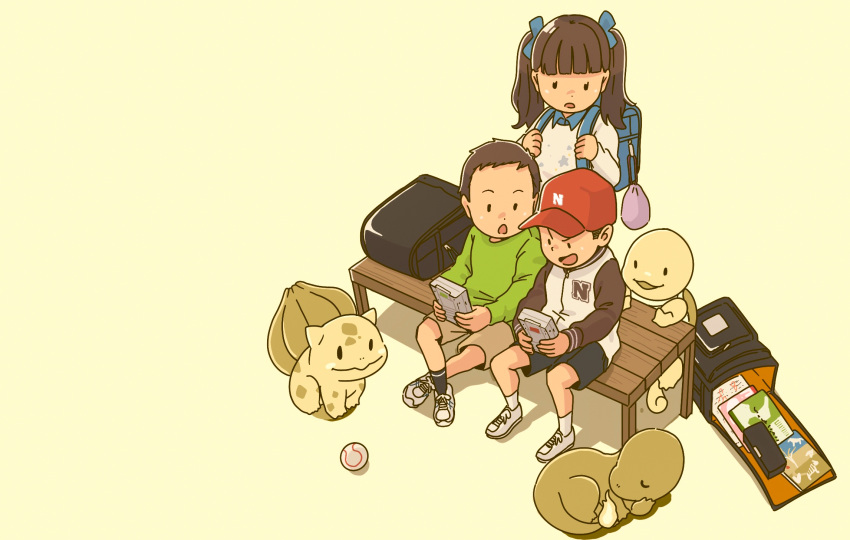 2boys 2girls bag baseball baseball_cap bench bulbasaur charmander child commentary_request fire fujihara game_boy game_console green_shirt handheld_game_console hat highres long_sleeves multiple_boys multiple_girls nintendo notebook open_mouth original playing_games pokemon retro_artstyle school_bag shirt shorts simple_background sitting sleeping socks squirtle standing starter_pokemon_trio twintails video_game yellow_background