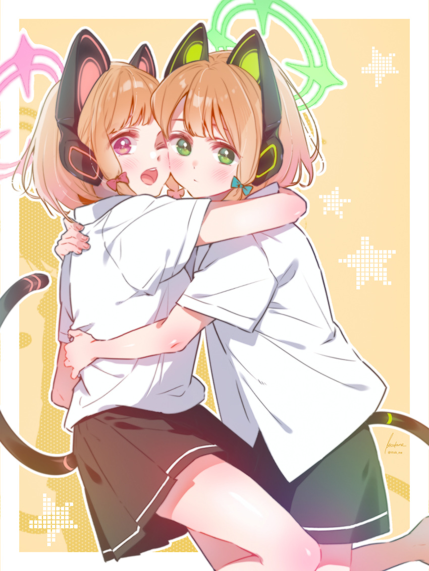 2girls alternate_costume animal_ear_headphones animal_ears black_skirt blonde_hair blue_archive cat_ear_headphones commentary_request fake_animal_ears fake_tail green_eyes green_halo halo headphones highres hug itsk_ne looking_at_viewer midori_(blue_archive) momoi_(blue_archive) multiple_girls one_eye_closed open_mouth pink_eyes pink_halo shirt short_sleeves siblings sisters skirt star_(symbol) starry_background t-shirt tail thighs twins white_shirt yellow_background