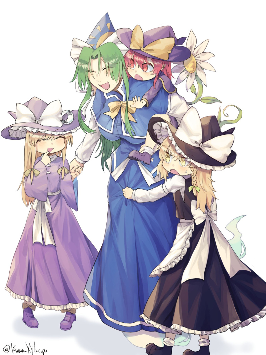 4girls apron bangs black_dress black_footwear blonde_hair blue_dress boots bow bowtie braid buttons carrying dress fang flower footwear_bow frilled_dress frills ghost ghost_tail green_hair hair_bow hand_on_own_chin hat hat_bow highres holding_hands kirisame_marisa kuma_xylocopa long_dress long_hair long_sleeves lotus_land_story mima_(touhou) multiple_girls parted_bangs phantasmagoria_of_dim.dream piggyback puffy_sleeves red_eyes redhead shoes side_braid single_braid smile socks story_of_eastern_wonderland sun_print sunflower touhou touhou_(pc-98) waist_apron white_bow witch_hat wizard_hat yellow_bow yellow_eyes