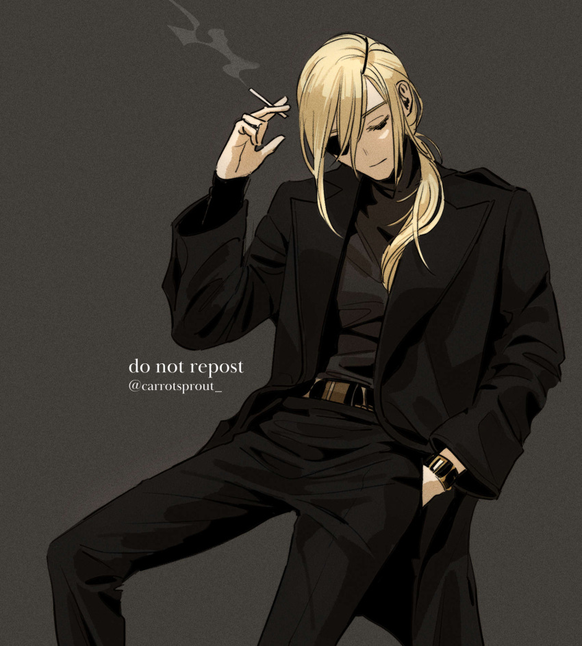 1girl black_jacket black_pants black_sweater business_suit carrotsprout chainsaw_man cigarette closed_eyes eyepatch formal hand_in_pocket highres holding holding_cigarette jacket long_hair pants ponytail quanxi_(chainsaw_man) simple_background smoking solo suit sweater white_hair