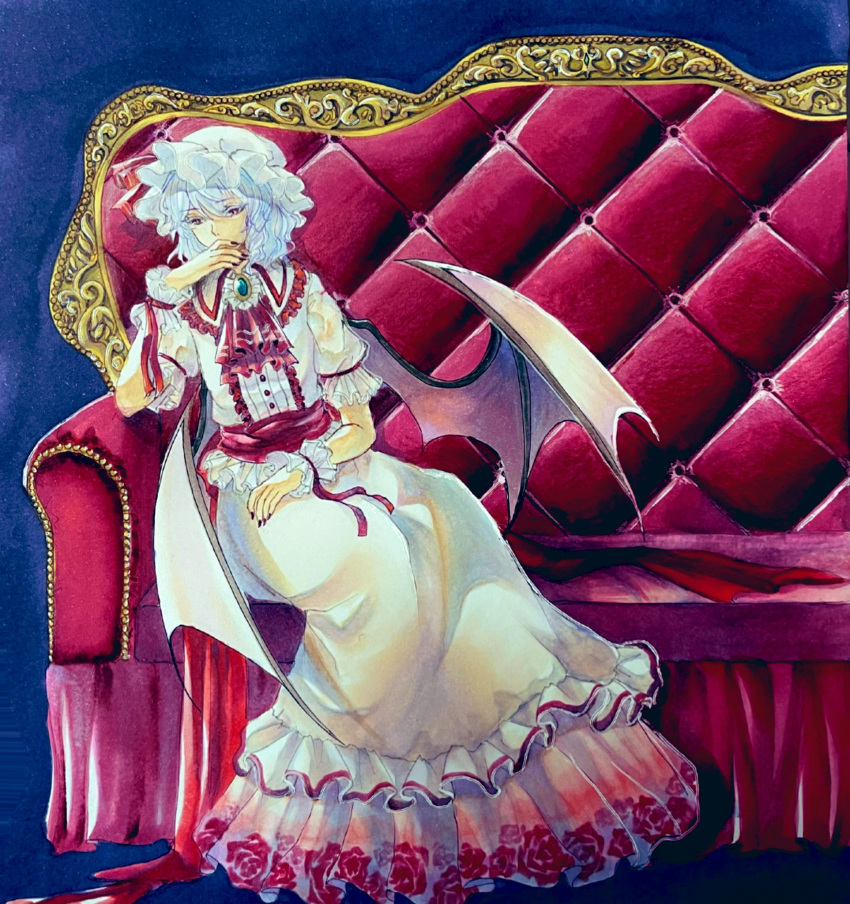 1girl bat_wings blue_hair couch covering_mouth dress furniture ghmfly8_(mitou) hand_over_own_mouth hat highres looking_down red_eyes remilia_scarlet sitting touhou traditional_media white_dress white_headwear wings