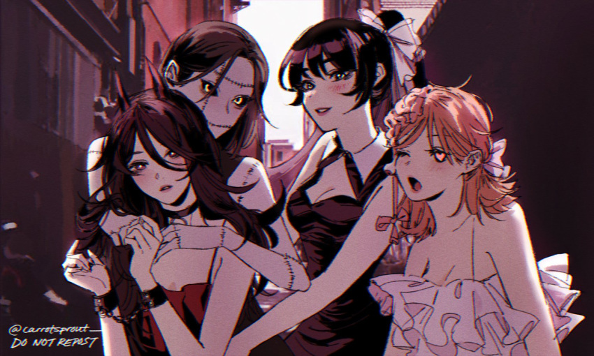 4girls bare_shoulders black_dress black_hair black_sclera brain carrotsprout chainsaw_man collared_dress colored_sclera cosmo_(chainsaw_man) cuffs dress hair_ribbon handcuffs heart heart-shaped_pupils horns long_(chainsaw_man) looking_at_viewer multiple_girls outdoors pingtsi_(chainsaw_man) pink_hair ponytail quanxi's_group_(chainsaw_man) ribbon stitched_arm stitched_face symbol-shaped_pupils tsugihagi_(chainsaw_man) zombie