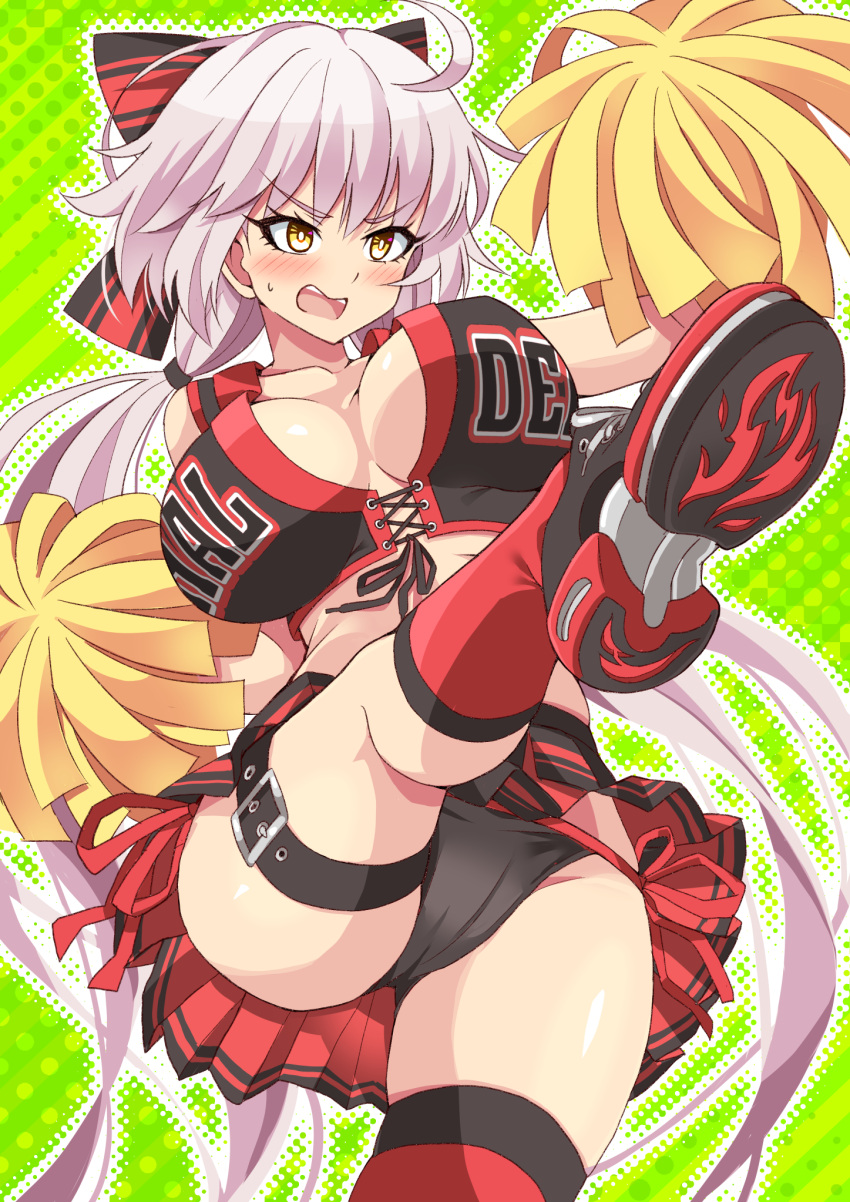 1girl bangs breasts cheerleader fate/grand_order fate_(series) highres holding holding_pom_poms jeanne_d'arc_alter_(fate) large_breasts open_mouth pom_pom_(cheerleading) silver_hair solo xiafuizui yellow_eyes