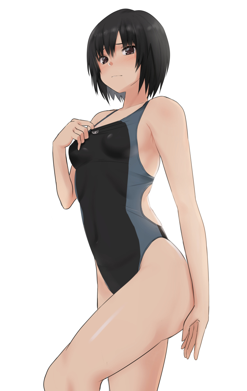 1girl absurdres amagami black_eyes black_hair black_swimsuit bob_cut breasts competition_swimsuit cowboy_shot highres looking_at_viewer nanasaki_ai one-piece_swimsuit short_hair simple_background small_breasts solo standing swimsuit two-tone_swimsuit white_background ykh1028