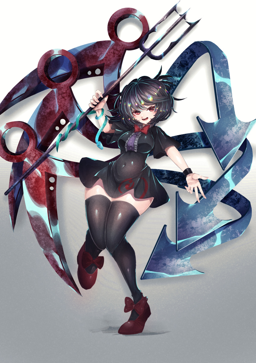 1girl absurdres aonori00 asymmetrical_wings black_dress black_hair black_legwear blue_wings bow bowtie breasts dress full_body gradient gradient_background grey_background highres holding holding_weapon houjuu_nue knees_together_feet_apart open_mouth polearm red_bow red_eyes red_footwear red_wings short_dress short_hair simple_background smile snake solo thigh-highs touhou trident weapon wings zettai_ryouiki