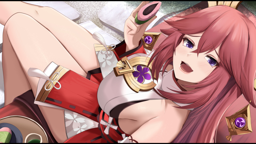 1girl animal_ears bangs bare_shoulders blush breasts detached_sleeves earrings fox_ears genshin_impact hair_ornament jewelry kanzaki_kureha large_breasts long_hair looking_at_viewer necklace open_mouth pendant pink_hair red_skirt sidelocks skirt sleeveless smile solo thighs very_long_hair violet_eyes wide_sleeves yae_miko
