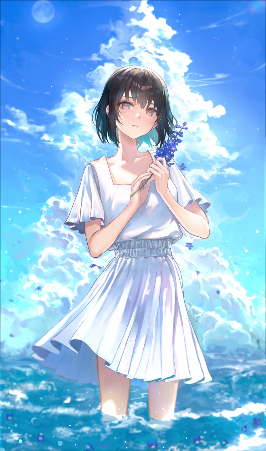 1girl absurdres bangs black_hair clouds dress flower grey_eyes hands_up highres holding holding_flower lacy_(beees002) looking_at_viewer original parted_lips short_hair short_sleeves sky solo standing wading water white_dress wind