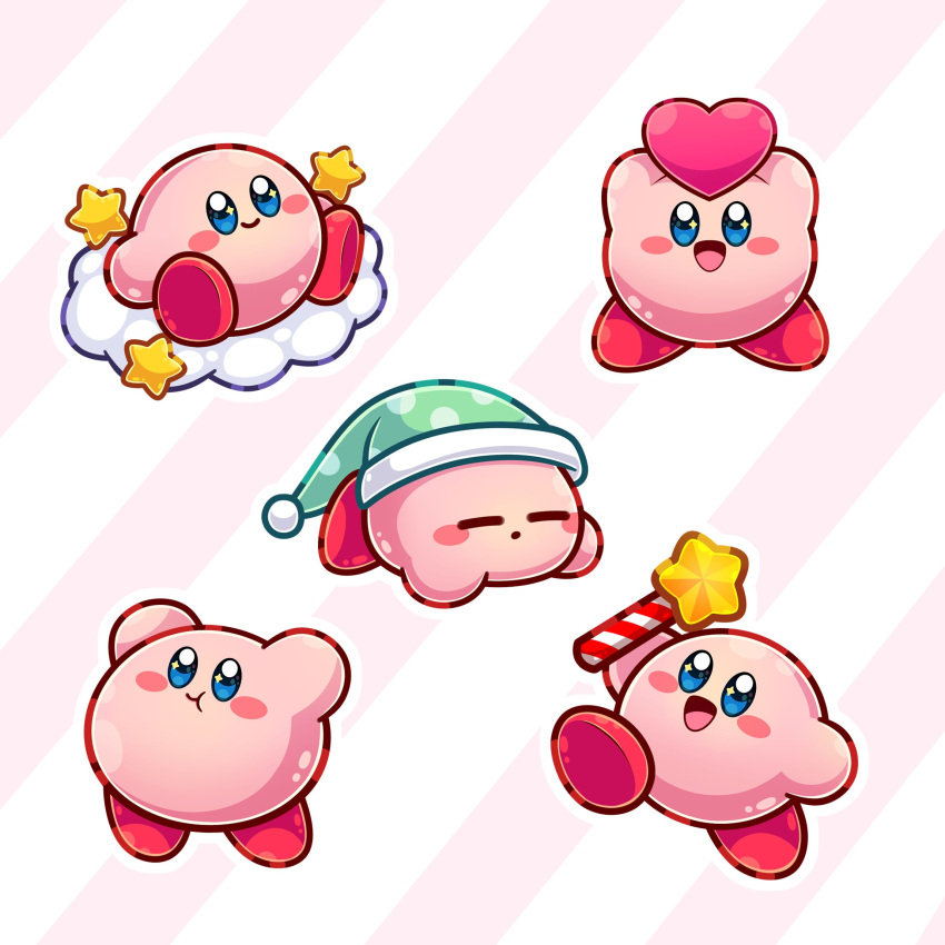 5boys blue_eyes blush_stickers clouds commentary english_commentary full_body hat highres holding hylianruto jumping kirby kirby:_right_back_at_ya kirby_(series) lying multiple_boys nintendo no_humans on_stomach open_mouth running simple_background sitting sleeping smile standing star_(symbol)
