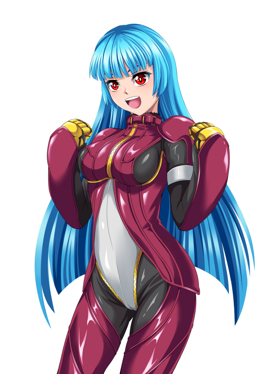 1girl bangs belt blue_hair bodysuit breasts cowboy_shot eyebrows_visible_through_hair gloves highres kula_diamond long_hair looking_at_viewer medium_breasts simple_background smile the_king_of_fighters the_king_of_fighters_xv user_kefc3583 violet_eyes white_background zipper