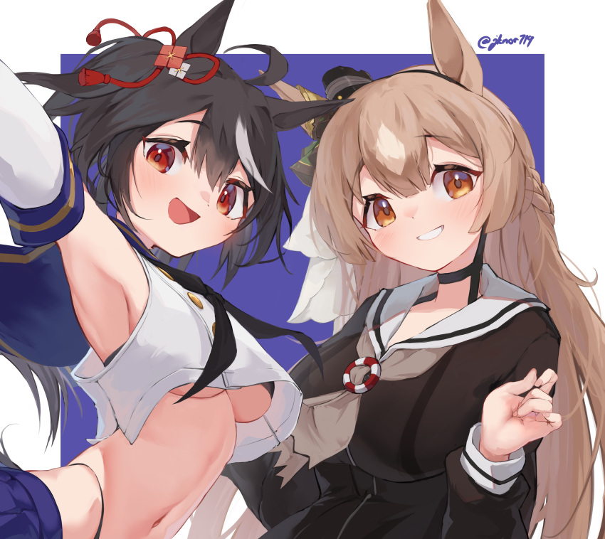 2girls :d absurdres amatsukaze_(kancolle) amatsukaze_(kancolle)_(cosplay) animal_ears arm_up armpits black_choker black_hairband black_neckerchief black_shirt blue_background breasts brown_eyes brown_hair brown_nails choker cosplay crop_top detached_sleeves ear_ornament grin hair_ribbon hairband highres horse_ears impossible_clothes impossible_shirt kitasan_black_(umamusume) large_breasts long_hair long_sleeves looking_at_viewer medium_breasts multicolored_hair multiple_girls navel neckerchief noor7 one_side_up parted_lips red_eyes red_ribbon ribbon sailor_collar satono_diamond_(umamusume) shimakaze_(kancolle) shimakaze_(kancolle)_(cosplay) shirt short_hair smile stomach streaked_hair thong twitter_username two-tone_background two-tone_hair umamusume under_boob upper_body upshirt very_long_hair white_background white_hair white_sailor_collar