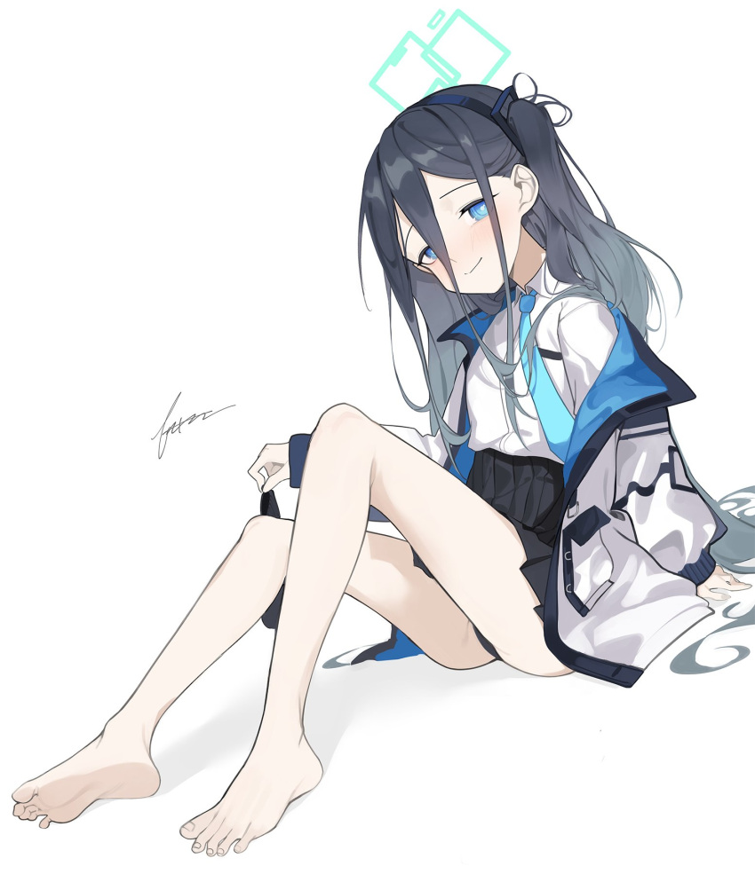 1girl arisu_(blue_archive) bare_legs barefoot black_legwear black_panties black_skirt blue_archive blue_eyes blue_necktie closed_mouth collared_shirt fataaa full_body hairband halo head_tilt highres jacket knee_up long_hair looking_at_viewer necktie panties shirt shirt_tucked_in side_ponytail signature simple_background sitting skirt smile socks_removed solo underwear white_background white_jacket white_shirt