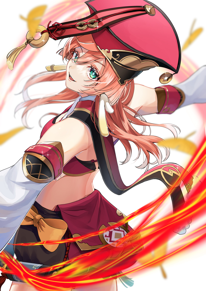 1girl absurdres breasts crop_top detached_sleeves fire flame from_side genshin_impact green_eyes hair_between_eyes highres looking_at_viewer looking_to_the_side midriff miniskirt nao221y open_mouth pink_hair red_headwear red_skirt skirt small_breasts smile solo white_background yanfei_(genshin_impact)