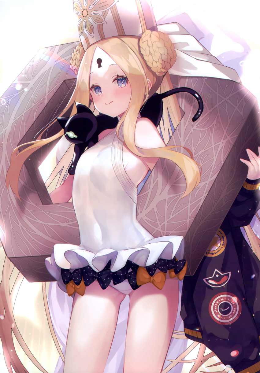 1girl abigail_williams_(fate) abigail_williams_(swimsuit_foreigner)_(fate) absurdres bangs bare_shoulders blonde_hair blue_eyes blush bow braid breasts cat closed_mouth covered_navel double_bun fate/grand_order fate_(series) hat highres jacket keyhole long_hair looking_at_viewer mitre multiple_bows one-piece_swimsuit parted_bangs polka_dot scan shiny shiny_hair simple_background sleeveless small_breasts smile suzuho_hotaru swimsuit thighs white_swimsuit