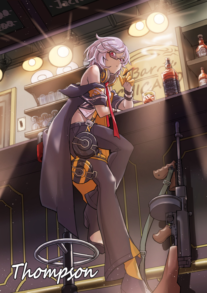 1girl alcohol bangs black_pants bottle character_name cigarette closed_mouth eyebrows_visible_through_hair from_below full_body girls_frontline glasses gun headphones headphones_around_neck highres holding holding_cigarette looking_at_viewer pants red_eyes redz short_hair silver_hair sitting solo submachine_gun sunglasses tavern thompson_(girls'_frontline) thompson_submachine_gun weapon