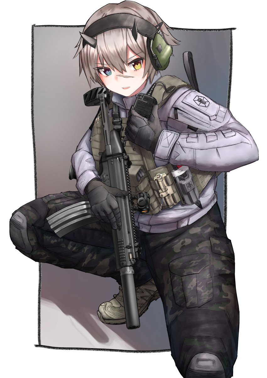 absurdres assault_rifle camouflage camouflage_pants fn_scar gun headset highres horns military pants rifle tactical_clothes utsucan walkie-talkie weapon