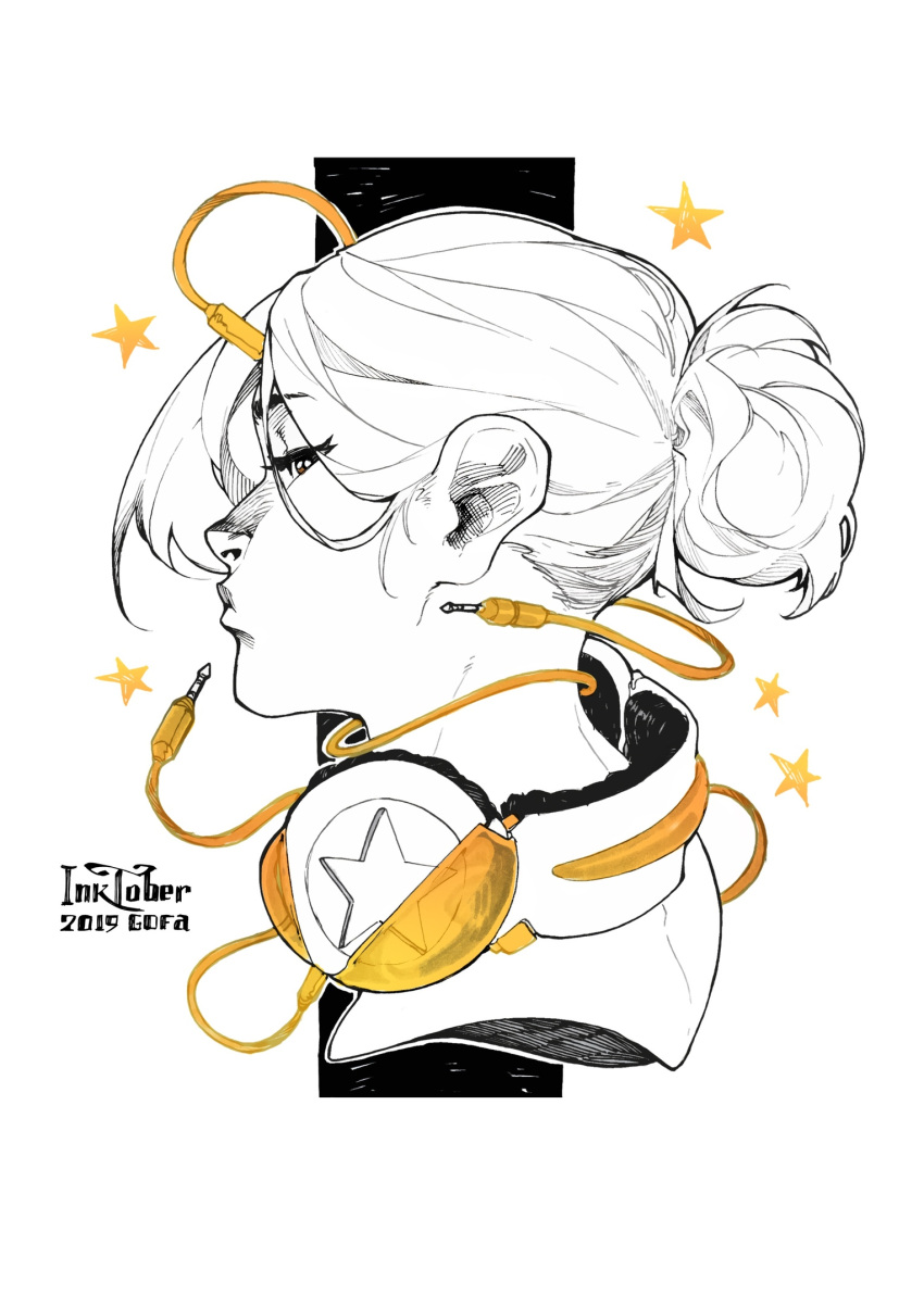 1girl 2019 artist_name bangs closed_mouth from_side gofa greyscale headphones headphones_around_neck highres inktober looking_to_the_side medium_hair monochrome original partially_colored short_ponytail simple_background solo star_(symbol) traditional_media wire