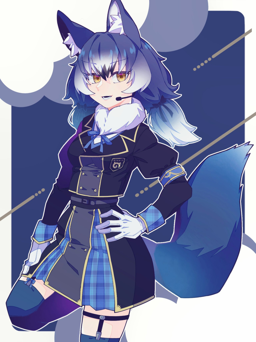 1girl animal_costume animal_ears blue_hair dire_wolf_(kemono_friends) gloves hauru_252 highres kemono_friends kemono_friends_v_project long_hair looking_at_viewer microphone necktie shirt skirt smile solo tail virtual_youtuber wolf_costume wolf_ears wolf_girl wolf_tail