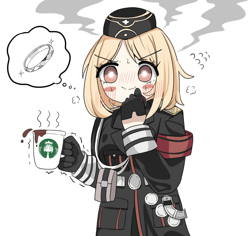 1girl absurdres armband black_gloves black_headwear black_jacket blonde_hair blush blush_stickers coffee coffee_mug commission cup english_commentary eyebrows_visible_through_hair garrison_cap girls_frontline gloves half_gloves hat highres holding holding_cup jacket jewelry long_sleeves military military_jacket military_uniform mp40_(girls'_frontline) mug pixiv_request print_mug ring senlong45 short_hair smile solo sparkle thought_bubble uniform wedding_band wehrmacht yellow_eyes