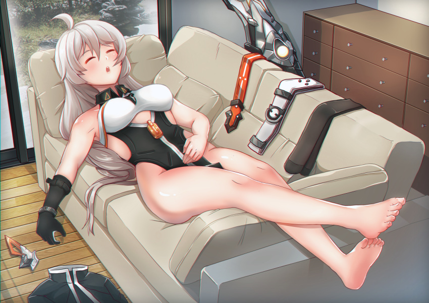 1girl bangs barefoot black_gloves breasts cabinet cat_box closed_eyes couch crossed_legs cushion full_body gloves highres honkai_(series) honkai_impact_3rd indoors kiana_kaslana kiana_kaslana_(void_drifter) leotard long_hair lying on_back open_mouth single_glove sleeping soles solo toes white_hair