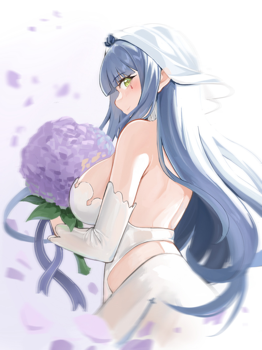 1girl 1z10 back bangs blue_hair blush bouquet breasts bridal_veil closed_mouth dress eyebrows_visible_through_hair floral_background flower girls_frontline green_eyes highres hk416_(girls'_frontline) holding holding_bouquet holding_flower large_breasts long_hair looking_to_the_side sideboob smile solo teardrop_facial_mark teardrop_tattoo veil wedding_dress white_background white_dress