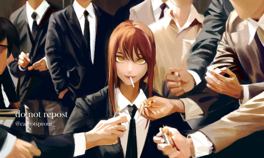 1girl 6+boys black_necktie carrotsprout chainsaw_man cigarette collared_shirt formal hayakawa_aki_(chainsaw_man) highres lighter looking_at_viewer makima_(chainsaw_man) multiple_boys necktie redhead ringed_eyes shirt smoking suit yellow_eyes