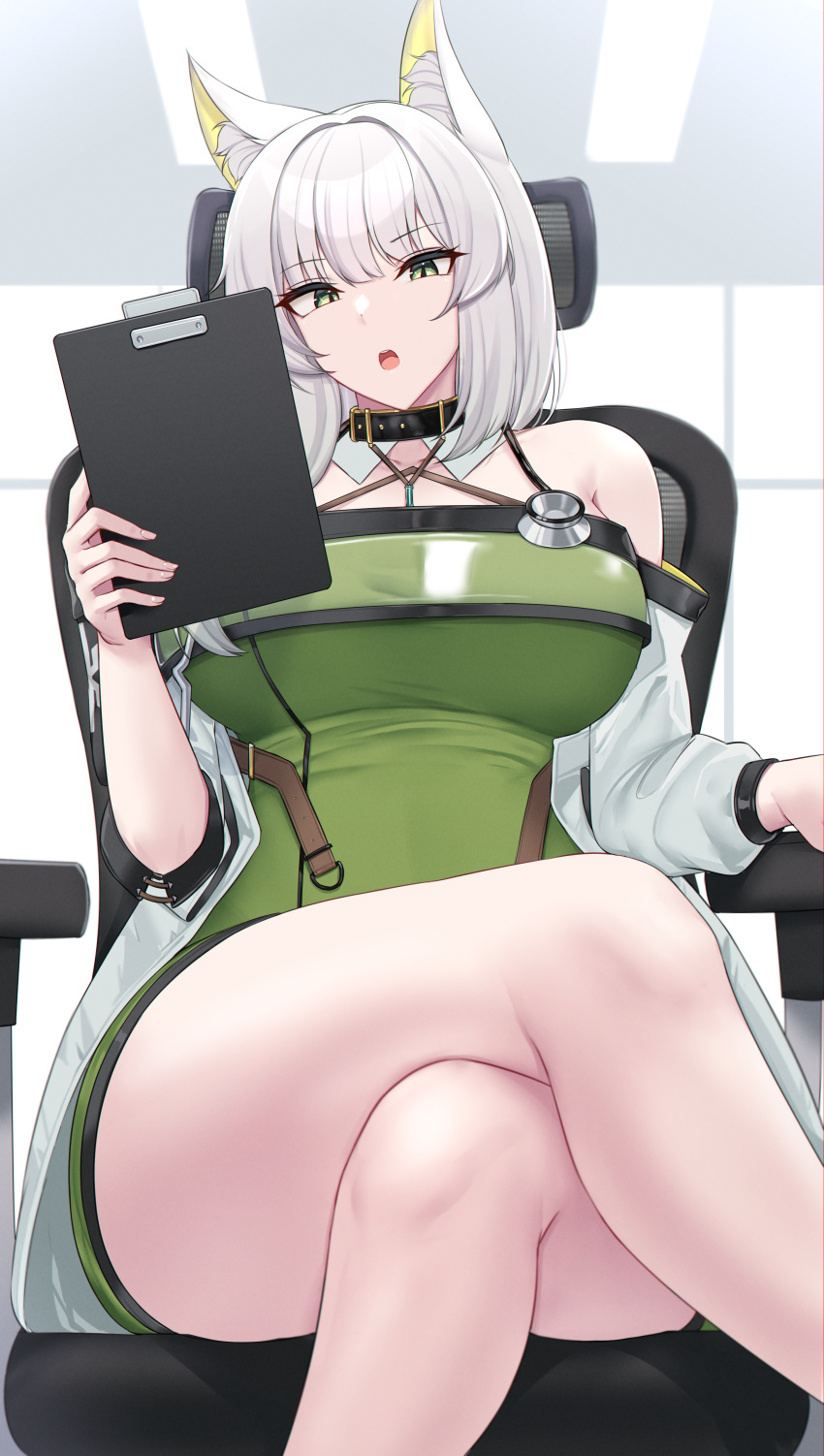 1girl :o absurdres animal_ear_fluff animal_ears arknights bangs bare_legs bare_shoulders black_choker breasts cat_ears chair choker clipboard commentary_request criss-cross_halter crossed_legs dress eyebrows_visible_through_hair feet_out_of_frame green_dress green_eyes halterneck highres holding holding_clipboard indoors kal'tsit_(arknights) kanta_(kanta_077) large_breasts looking_at_viewer off_shoulder open_mouth short_hair silver_hair sitting solo stethoscope thick_thighs thighs