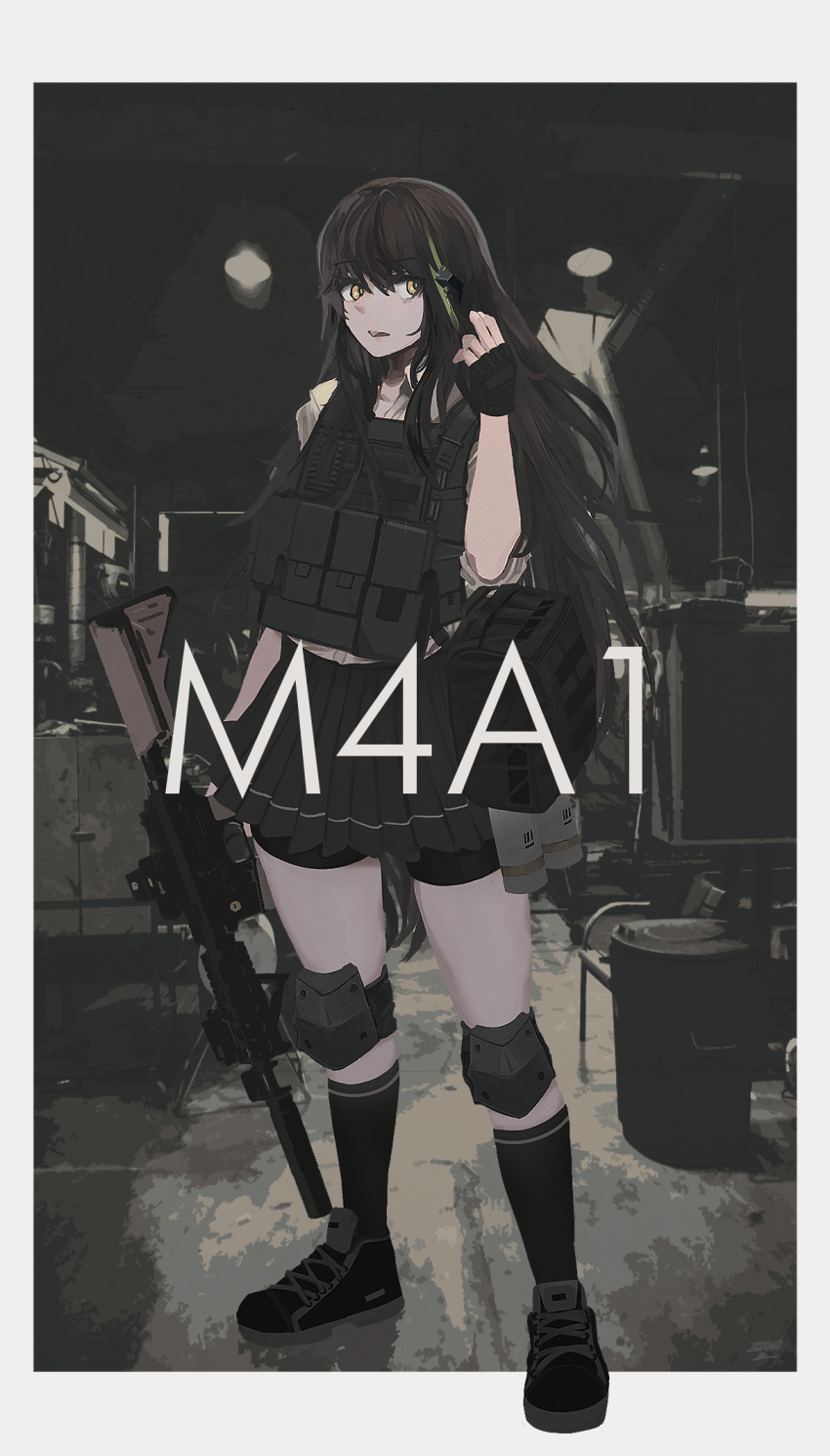 1girl arm_up armor assault_rifle bag bangs black_footwear black_gloves black_shorts black_skirt brown_hair character_name explosive eyebrows_visible_through_hair fingerless_gloves full_body girls_frontline gloves grenade gun hair_ornament hairclip highres holding holding_bag holding_gun holding_weapon kanoe_(kanoe502) knee_pads long_hair looking_at_viewer m4_carbine m4a1_(girls'_frontline) multicolored_hair open_mouth rifle scenery shirt shoes shorts skirt sneakers socks solo standing weapon yellow_eyes yellow_shirt