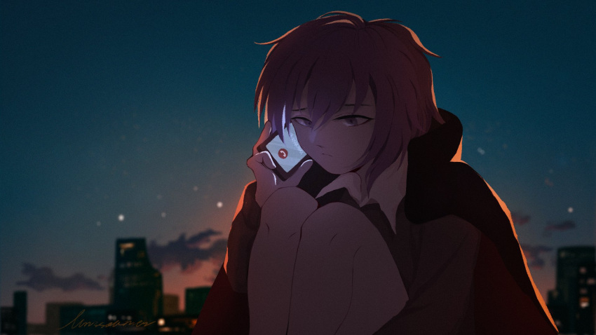 1girl bangs black_coat blue_sky cellphone city closed_mouth clouds coat collared_shirt commentary_request cookie_(touhou) expressionless feet_out_of_frame geru_futota hair_between_eyes highres holding holding_phone knees_to_chest lakenightbug looking_at_viewer outdoors phone purple_hair remilia_scarlet shirt short_hair signature sky smartphone solo sunset touhou violet_eyes white_shirt