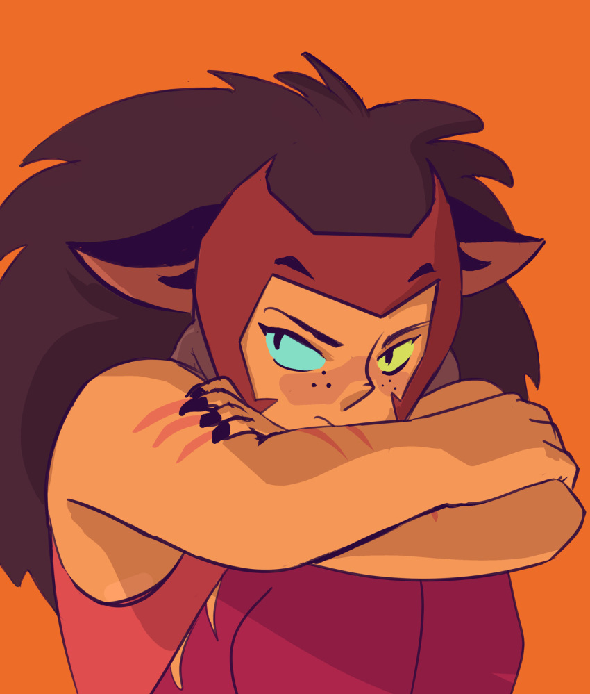 1girl 2019 blue_eyes catra claws freckles fur heterochromia highres ink_pocket masters_of_the_universe netflix orange_background she-ra_and_the_princesses_of_power simple_background sitting solo yellow_eyes