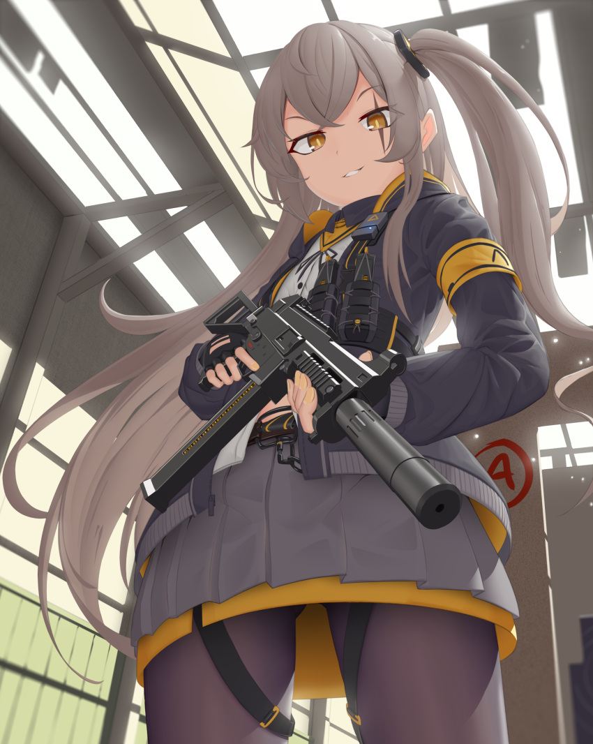 1girl absurdres bangs black_gloves black_jacket black_legwear brown_eyes english_commentary eyebrows_visible_through_hair feet_out_of_frame fingerless_gloves from_below girls_frontline gloves grey_hair grey_skirt gun h&amp;k_ump h&amp;k_ump45 highres holding holding_gun holding_weapon jacket long_hair looking_at_viewer open_clothes open_jacket pantyhose scar scar_across_eye shirt side_ponytail skirt smirk solo standing submachine_gun tenroy ump45_(girls'_frontline) weapon white_shirt