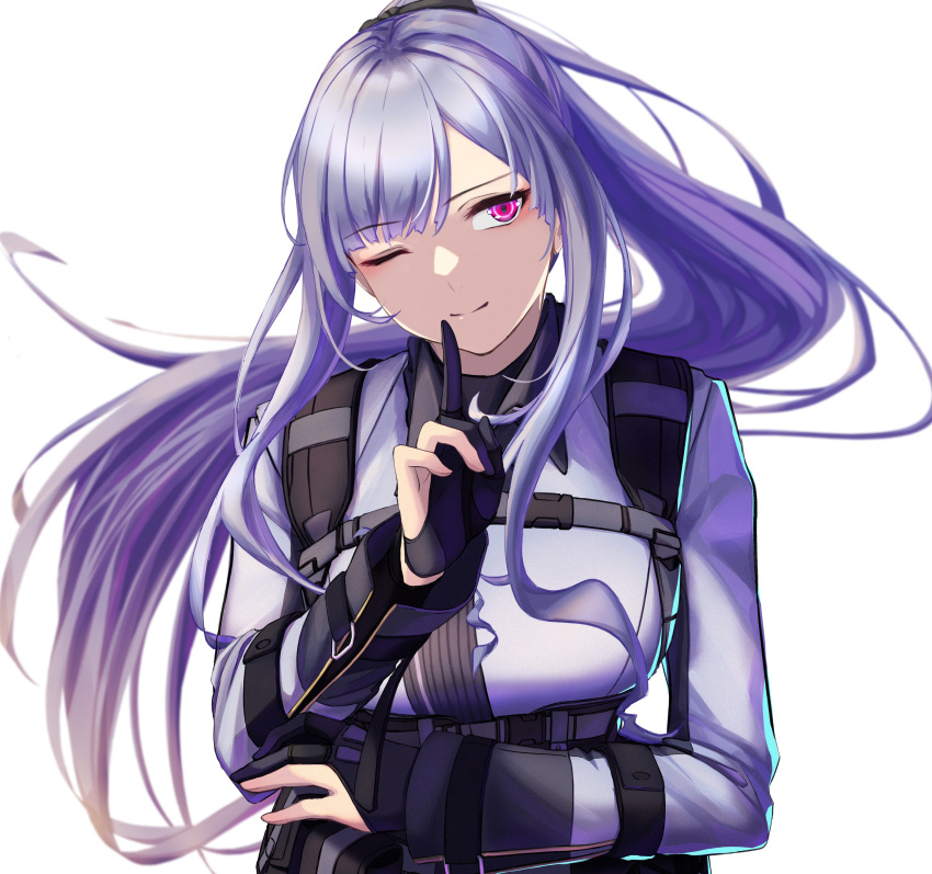 1girl 3_small_spiders absurdres ak-12_(girls'_frontline) bangs black_gloves blush breasts closed_mouth commentary defy_(girls'_frontline) eyebrows_visible_through_hair finger_to_mouth fingerless_gloves girls_frontline gloves harness highres long_hair long_sleeves looking_at_viewer one_eye_closed ponytail shirt silver_hair smile solo tactical_clothes upper_body violet_eyes white_background white_shirt