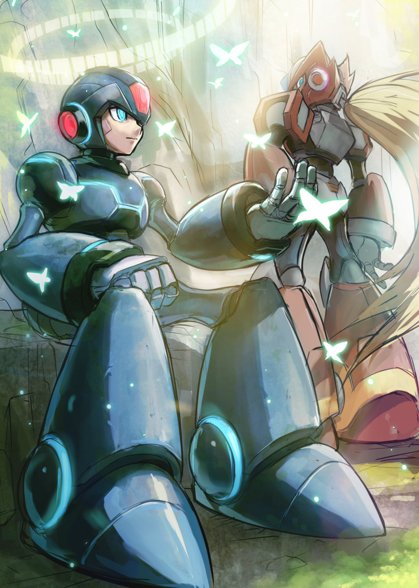 2boys android back_turned blonde_hair blue_armor bug butterfly clenched_hand closed_mouth commentary glowing hand_on_hip helmet highres hoshi_mikan light_particles looking_at_viewer looking_back male_focus mega_man_(series) mega_man_x_(character) mega_man_x_(series) multiple_boys outdoors ponytail red_armor robot shadow sitting sparkle standing tree zero_(mega_man)