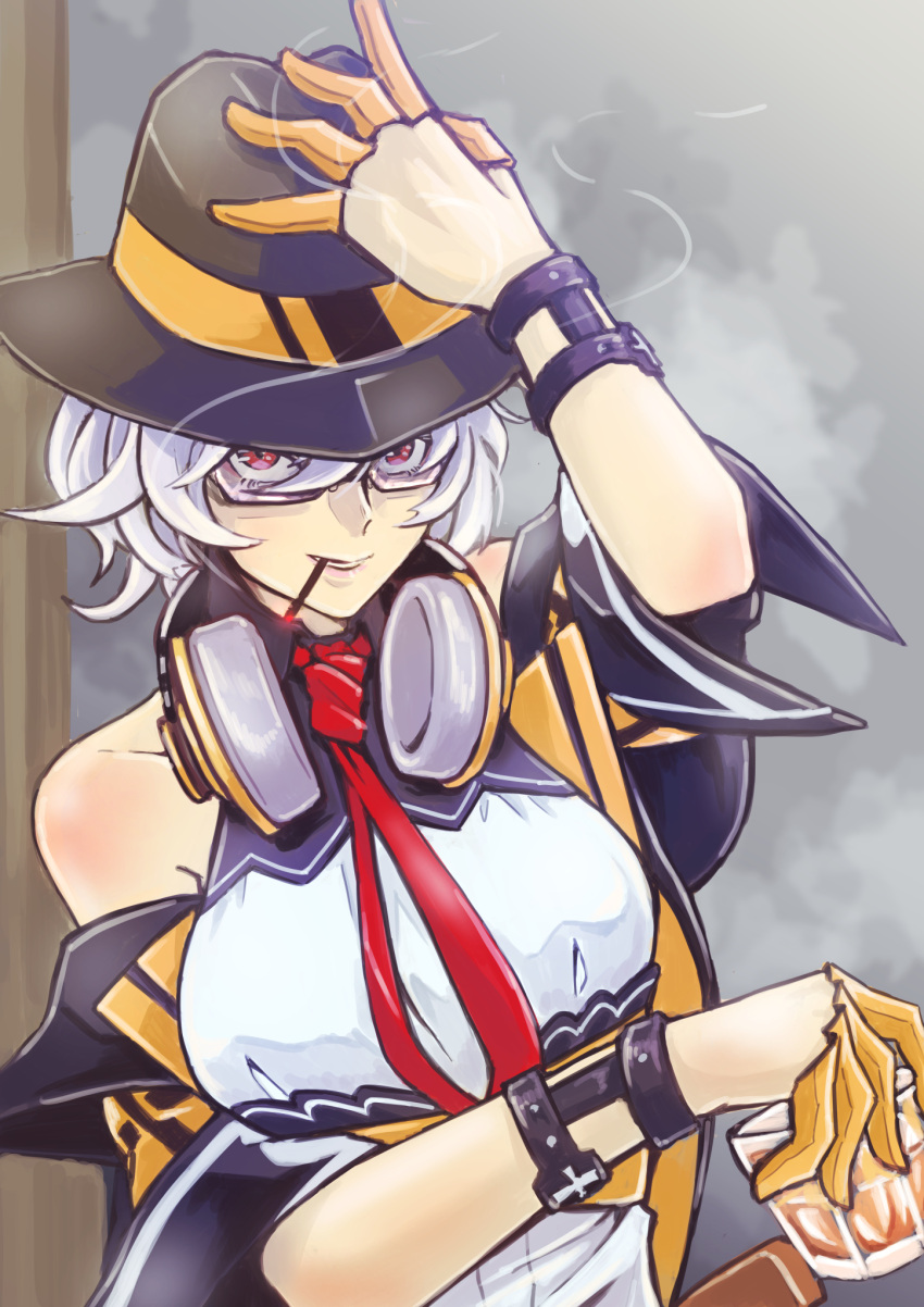 1girl bangs black_headwear cigarette_holder closed_mouth cup eyebrows_visible_through_hair girls_frontline glasses hand_on_headwear hat headphones headphones_around_neck highres holding holding_cup looking_at_viewer mouth_hold parted_lips red_eyes redz shirt short_hair silver_hair smoking solo sunglasses thompson_(girls'_frontline) upper_body white_shirt