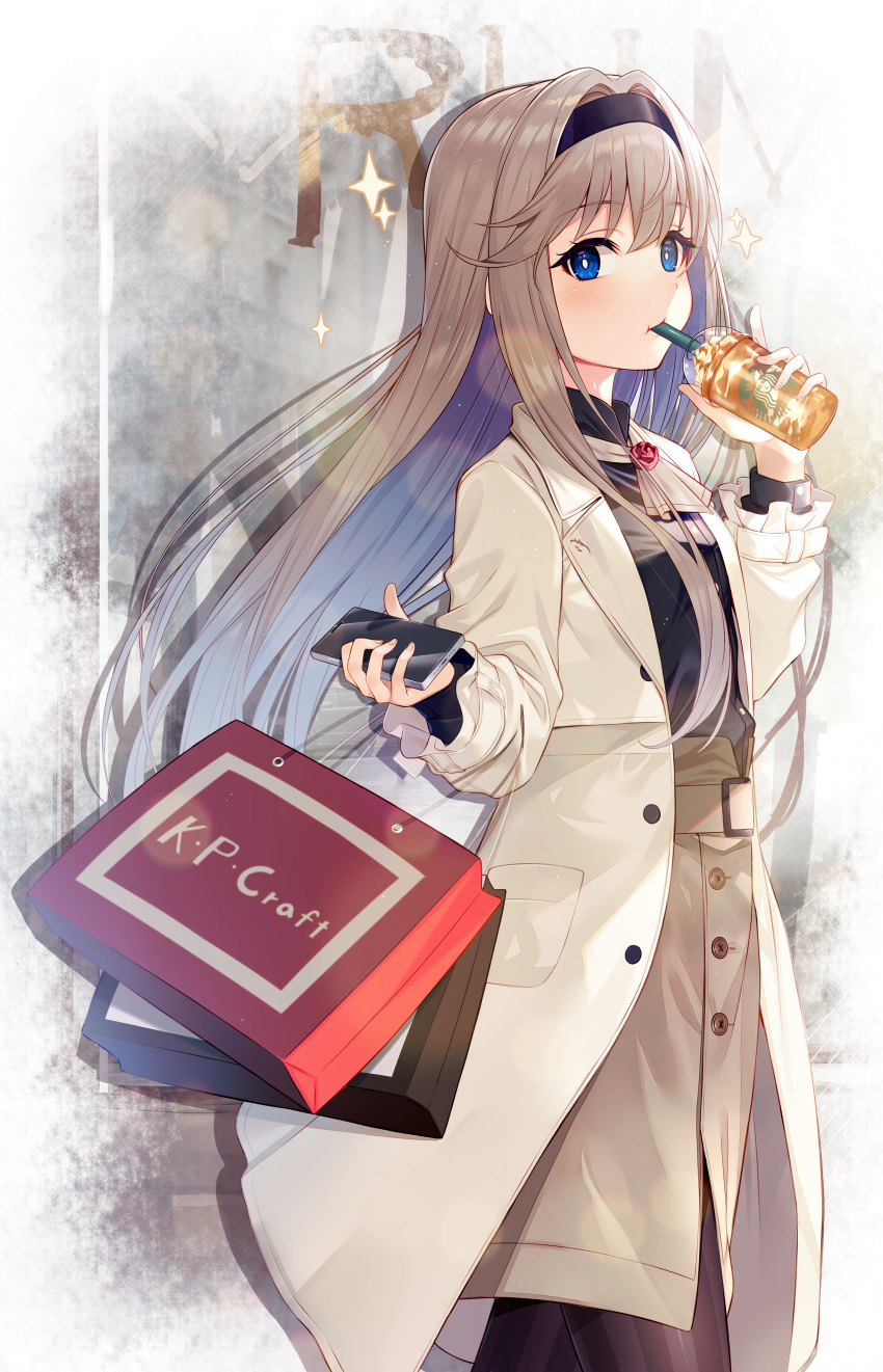 1girl absurdres artist_name bag bangs black_shirt blonde_hair blue_eyes blush brown_jacket brown_skirt closed_mouth cup drink drinking drinking_straw hand_up headband highres holding holding_bag holding_cup holding_phone jacket long_hair long_sleeves original outdoors phone rumeha_(aormsj22) shirt shopping_bag skirt solo standing trench_coat window winter