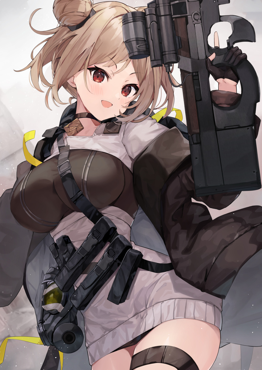 1girl absurdres bangs blush breasts brown_jacket bullpup commission double_bun dress eyebrows_visible_through_hair feet_out_of_frame gas_mask girls_frontline gun highres holding holding_gun holding_weapon jacket kuroshiro_kanae light_brown_hair looking_at_viewer mask medium_breasts open_clothes open_jacket open_mouth p90 p90_(girls'_frontline) red_eyes short_hair skeb_commission smile solo standing submachine_gun weapon white_background