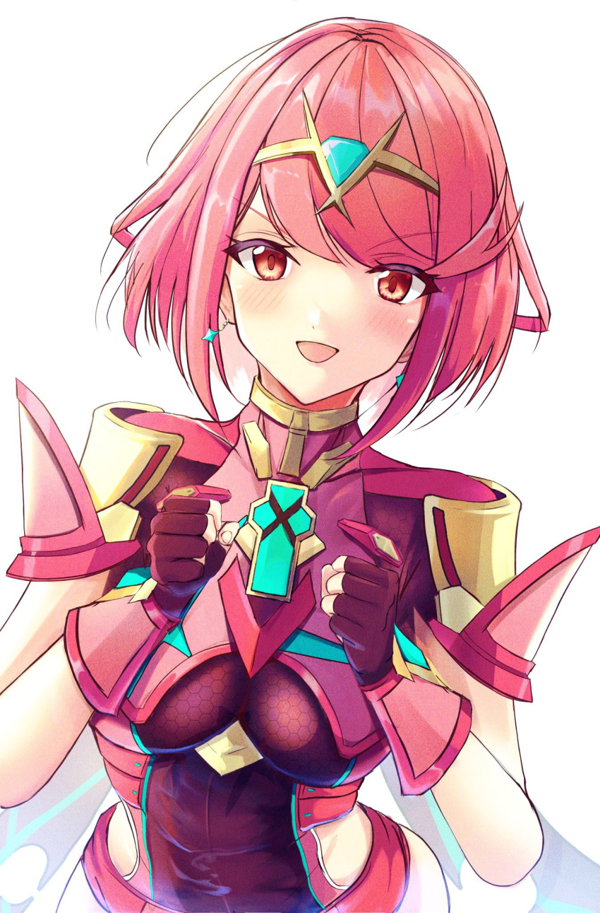 1girl bangs black_gloves breasts chest_jewel earrings fingerless_gloves gem gloves headpiece highres jewelry karuushi large_breasts pyra_(xenoblade) red_eyes redhead short_hair simple_background solo swept_bangs tiara white_background xenoblade_chronicles_(series) xenoblade_chronicles_2