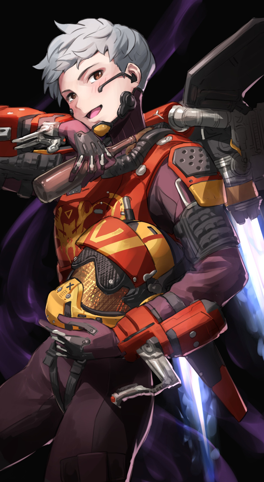 1girl absurdres apex_legends armor birthright_valkyrie black_background blush bodysuit bottle brown_eyes grey_hair head_tilt headwear_removed helmet helmet_removed highres holding holding_bottle holding_helmet jetpack looking_to_the_side nemoto_yuuma official_alternate_costume purple_bodysuit short_hair solo thrusters valkyrie_(apex_legends)