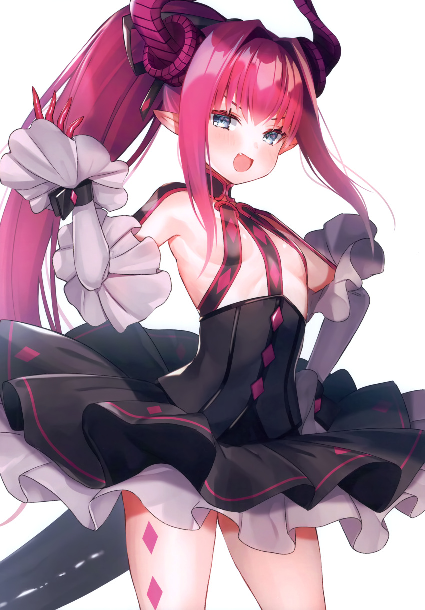 1girl absurdres bangs blue_eyes blush breasts curled_horns detached_sleeves dragon_horns dragon_tail dress elizabeth_bathory_(fate) elizabeth_bathory_(fate)_(all) elizabeth_bathory_(fate/extra_ccc) elizabeth_bathory_(first_ascension)_(fate) fang fate/extra fate/extra_ccc fate/grand_order fate_(series) gloves hand_on_hip hand_up highres horns layered_skirt long_hair looking_at_viewer open_mouth pink_hair pointy_ears ponytail revealing_clothes scan short_dress simple_background skirt small_breasts solo suzuho_hotaru tail