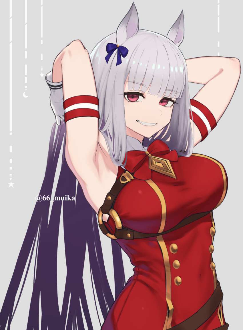 1girl 66_muika animal_ears armband armpits arms_up bangs blunt_bangs bow bowtie breasts buttons commentary double-breasted dress eyebrows_visible_through_hair gloves gold_ship_(umamusume) grey_background grin highres horse_ears horse_girl large_breasts long_hair looking_at_viewer no_hat no_headwear o-ring red_bow red_dress red_eyes silver_hair simple_background sleeveless sleeveless_dress smile solo straight_hair taut_clothes taut_dress teeth twitter_username umamusume upper_body very_long_hair white_gloves