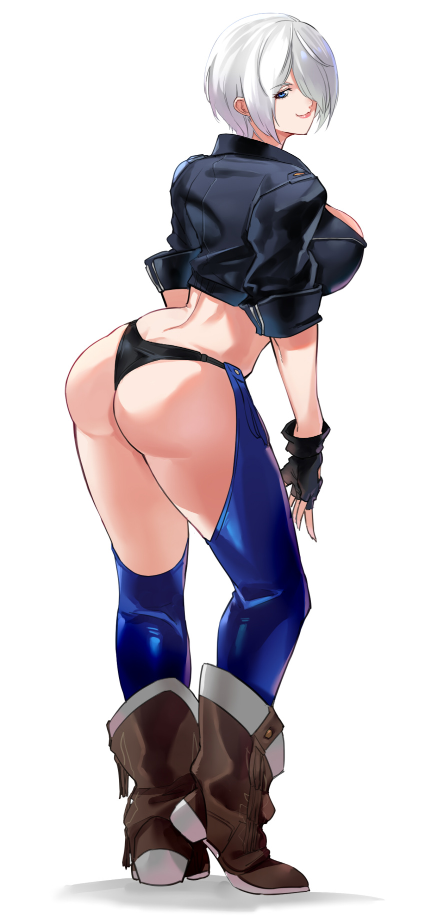 1girl absurdres angel_(kof) ass bangs black_gloves black_panties blue_eyes boots breasts chaps closed_mouth commentary_request cropped_jacket eyebrows_visible_through_hair fingerless_gloves full_body gloves hair_over_one_eye highleg highleg_panties highres jacket large_breasts leather leather_jacket lips looking_at_viewer looking_back midriff negresco panties shiny shiny_hair short_hair simple_background sleeves_rolled_up smile solo standing the_king_of_fighters the_king_of_fighters_2001 thighs underwear white_background white_hair
