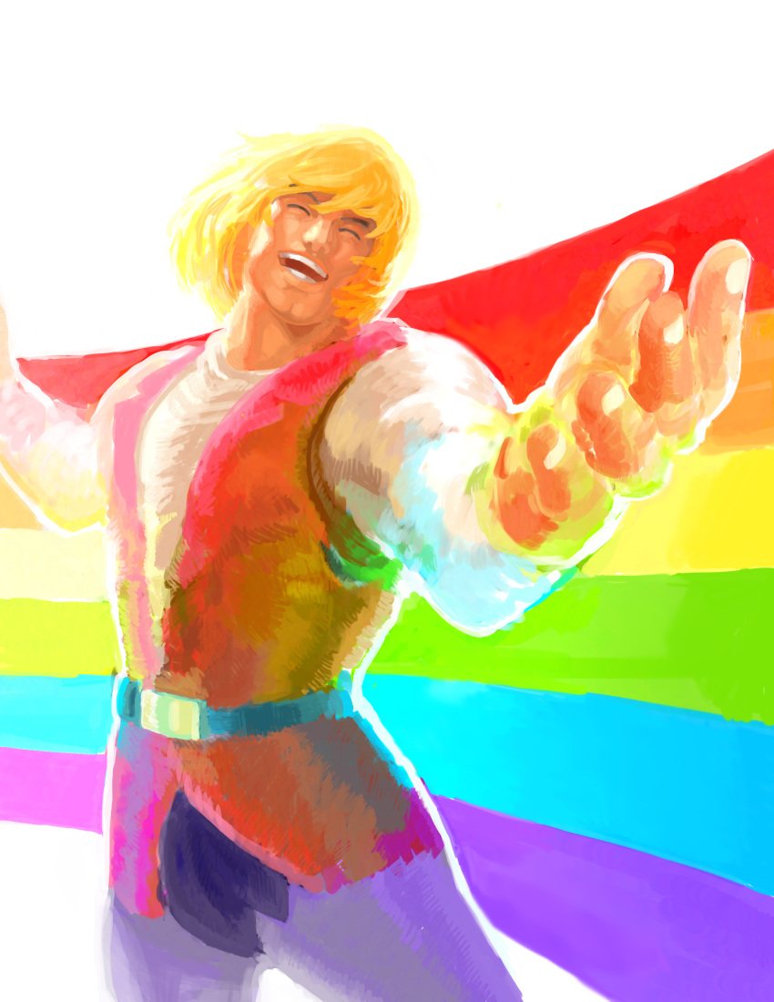 1boy 2011 absurdres blonde_hair brekkist fabulous_secret_powers gay he-man highres lgbt_pride masters_of_the_universe meme open_mouth pride_flag prince_adam queer rainbow rainbow_flag smile solo