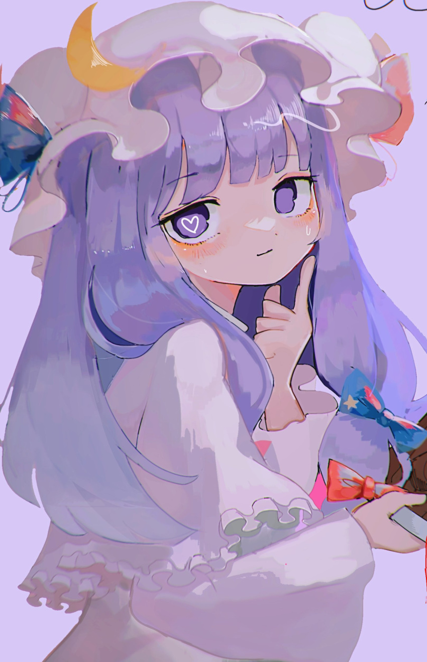 1girl absurdres bangs blue_bow blush bow comkdom crescent dress grey_background hair_bow hat highres holding light_smile long_hair long_sleeves looking_at_viewer mob_cap patchouli_knowledge purple_background purple_hair red_bow red_ribbon ribbon simple_background solo touhou upper_body violet_eyes