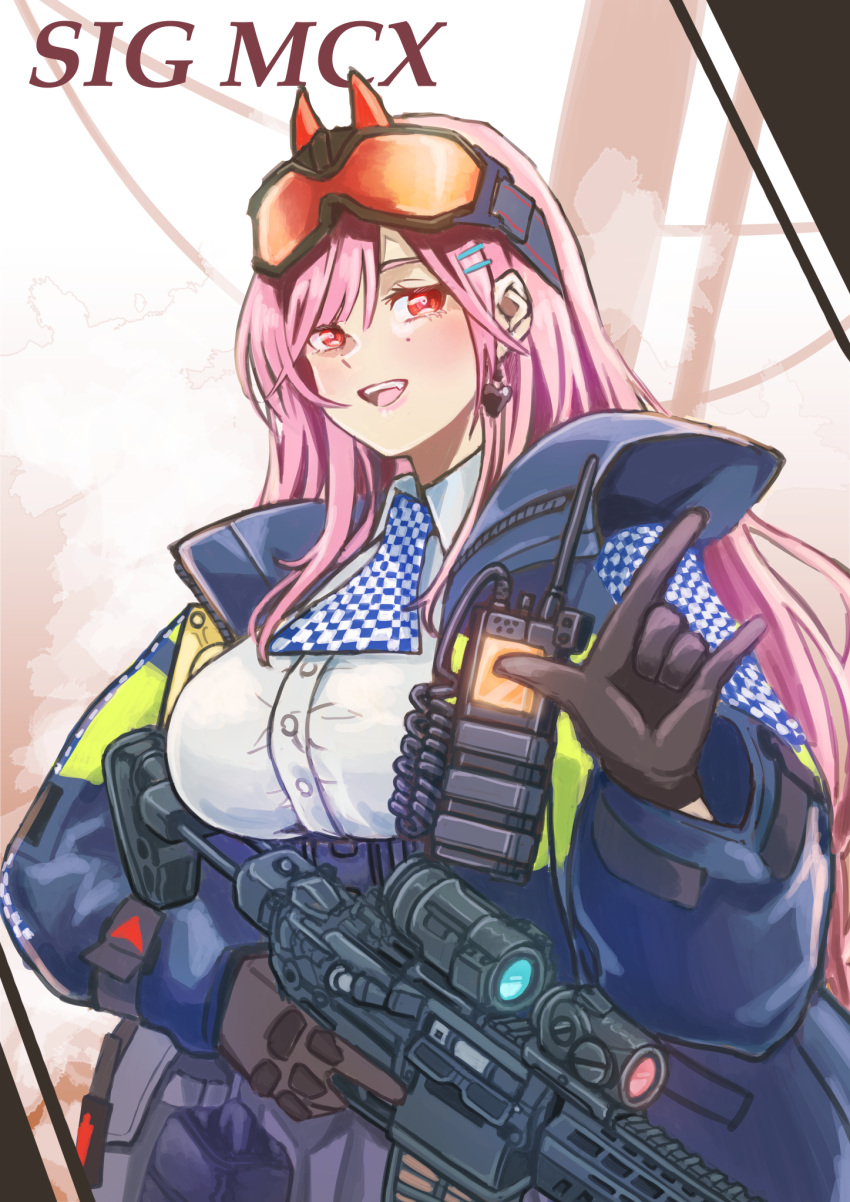 1girl arm_up ascot bangs blue_jacket blush breasts brown_gloves character_name earrings eyebrows_visible_through_hair eyewear_on_head girls_frontline gloves hair_ornament hairclip heart heart_earrings highres holding holding_weapon jacket jewelry long_hair looking_at_viewer mole mole_under_eye open_clothes open_jacket open_mouth pink_hair police police_uniform policewoman red_eyes redz safety_glasses shirt sig_mcx_(girls'_frontline) sig_sauer_mcx smile solo teeth uniform upper_body upper_teeth walkie-talkie weapon white_shirt