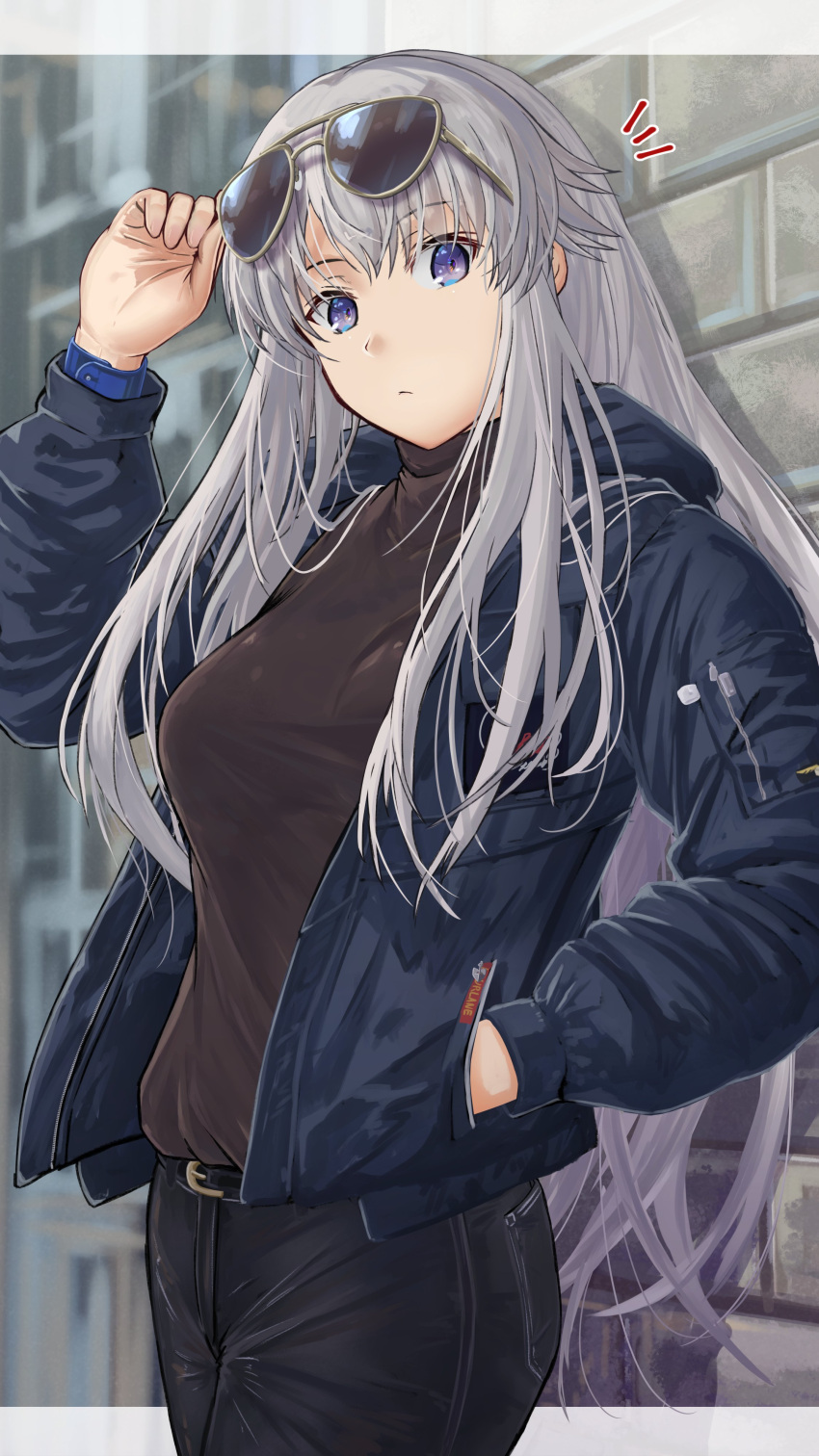 1girl absurdres azur_lane black_pants blue_eyes breasts bureikubureido closed_mouth collared_shirt cowboy_shot denim eagle_union_(emblem) enterprise_(azur_lane) enterprise_(bon_voyage)_(azur_lane) eyewear_on_head hand_in_pocket highres hood hood_down jacket jeans large_breasts long_hair long_sleeves looking_at_viewer official_alternate_costume open_clothes open_jacket pants shirt silver_hair solo standing very_long_hair watch watch