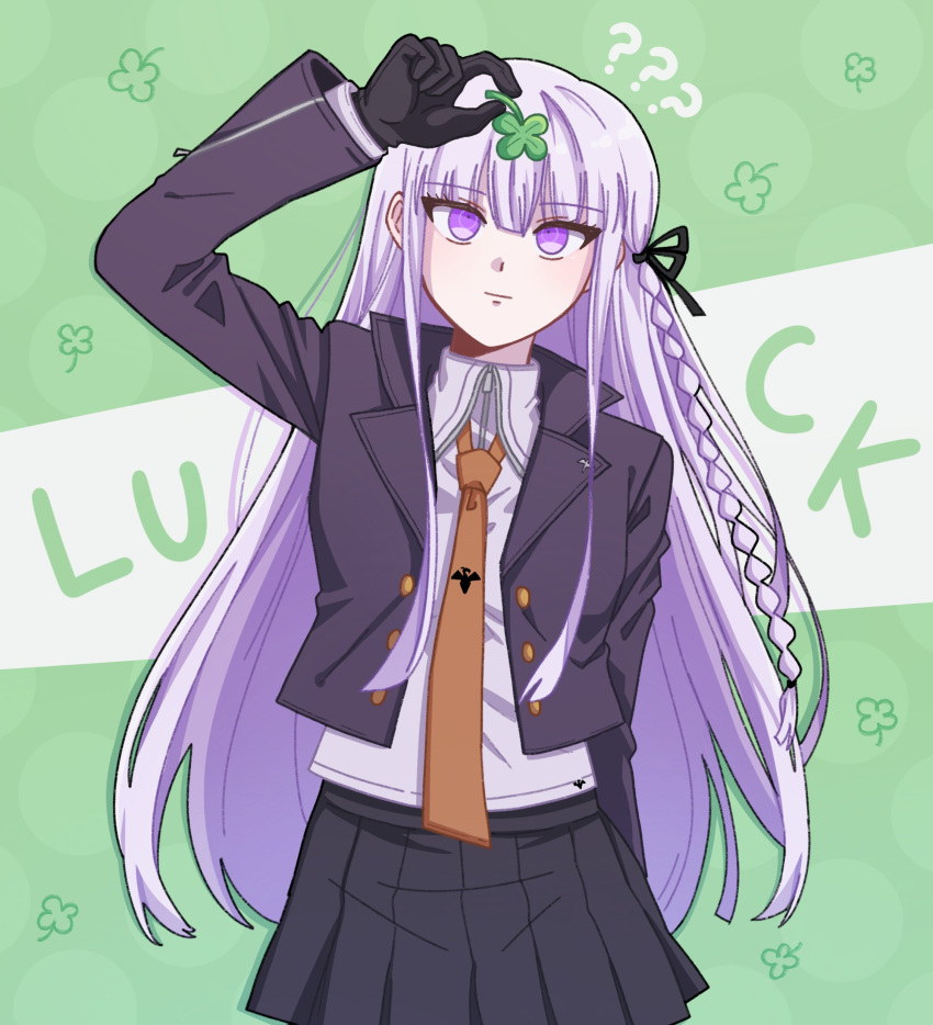 1girl ? ?? absurdres arm_at_side arm_up bangs black_gloves black_jacket black_ribbon black_skirt braid brown_necktie collared_shirt cowboy_shot danganronpa:_trigger_happy_havoc danganronpa_(series) eyebrows_visible_through_hair flower_request gloves green_background grey_background hair_ribbon highres holding jacket kirigiri_kyouko long_sleeves looking_up maem_(77lrik) necktie open_clothes open_jacket pink_eyes pleated_skirt ribbon shirt skirt solo two-tone_background