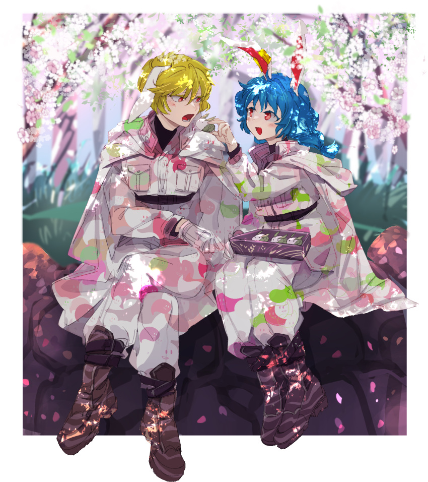 2girls alternate_costume animal_ears bangs blonde_hair blue_hair boots border cape chamaruku cherry_blossoms crossed_legs dappled_sunlight day feeding floppy_ears flower food full_body gloves hand_up highres holding holding_food hood hood_down hooded_cape jacket legs_together long_hair long_sleeves looking_at_another multiple_girls open_mouth outdoors pants print_jacket print_pants rabbit_ears red_eyes ringo_(touhou) seiran_(touhou) short_hair sitting smile sunlight touhou tree