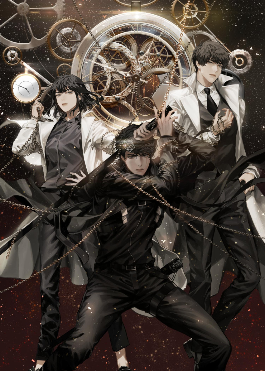 1girl 2boys black_hair black_necktie black_shirt blackbox_(blackbox9158) chain chain_around_arm clockwork collared_shirt cover cover_page dok-ja_kim fighting_stance gears highres holding holding_chain holding_sword holding_weapon jacket joonghyuk_yoo korean_commentary long_sleeves looking_at_viewer mole mole_under_eye multiple_boys necktie novel_cover official_art omniscient_reader's_viewpoint pants scar scar_across_eye serious shirt short_hair sooyoung_han suit_jacket sword unsheathed waistcoat weapon white_jacket wrist_belt