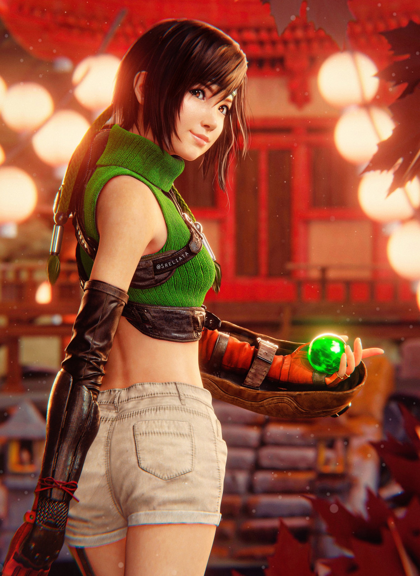 1girl absurdres architecture armor artist_name back blurry blurry_background brown_eyes brown_hair brown_shorts closed_mouth commentary cowboy_shot cropped_sweater east_asian_architecture english_commentary feet_out_of_frame female final_fantasy final_fantasy_vii final_fantasy_vii_remake fingerless_gloves forehead_protector gloves green_sweater headband highres holding lantern looking_at_viewer looking_back materia midriff paper_lantern pauldrons red_gloves ribbed_sweater short_hair short_shorts shorts shoulder_armor single_bare_shoulder single_pauldron sleeveless sleeveless_sweater sleeveless_turtleneck smile sreliata standing stone_lantern sweater turtleneck turtleneck_sweater twisted_torso twitter_username yuffie_kisaragi