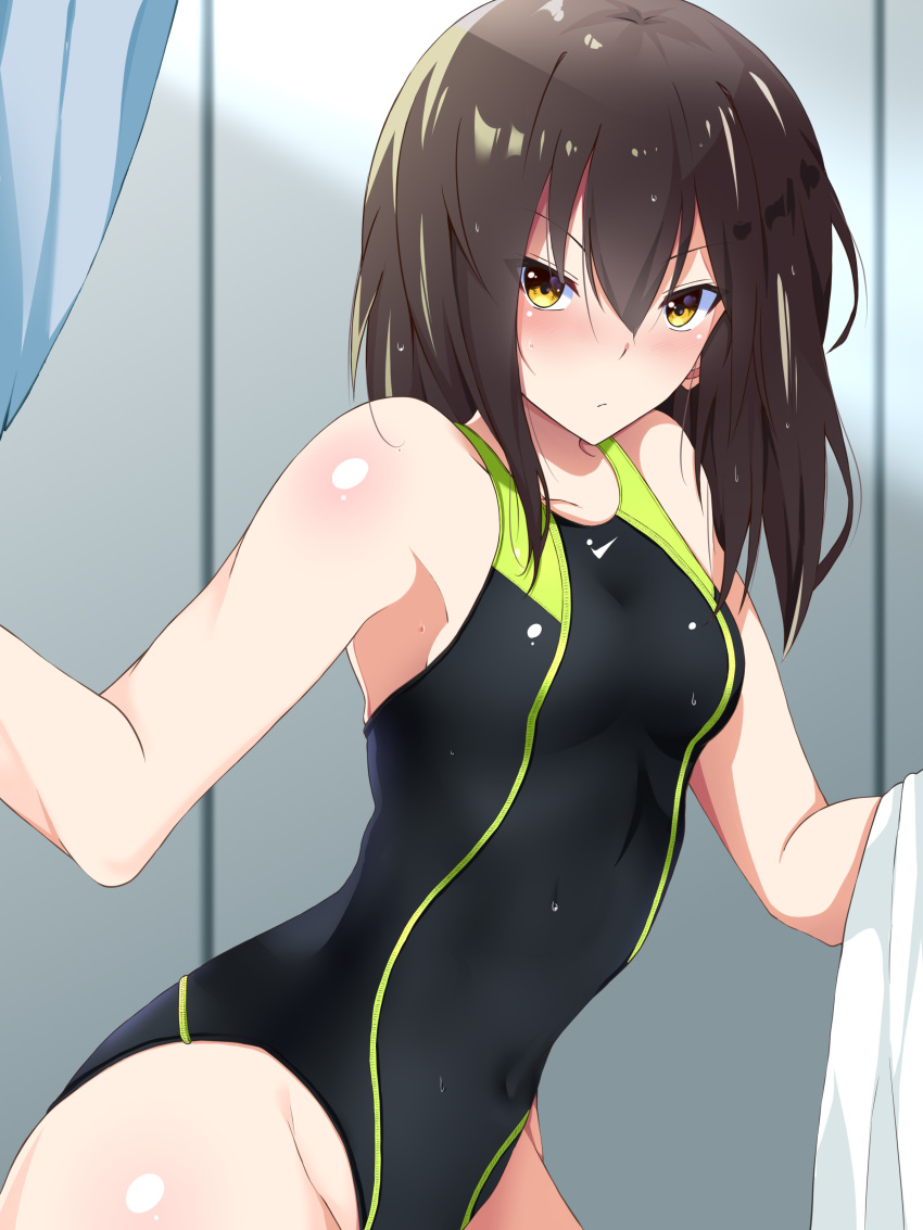 1girl absurdres blush bodysuit breasts brown_hair check_commentary commentary_request competition_swimsuit highleg highres locker locker_room logo looking_at_viewer medium_hair nike one-piece_swimsuit original pout school_swimsuit sebunsu skin_tight small_breasts solo swimsuit wetsuit yellow_eyes